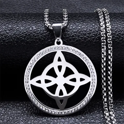 Gothic Edelstahl Strass Hexenknoten Anhänger Halskette Für Herren Damen Keltischer Knoten Geometrisch Hohl Rund Schmuck Geschenk