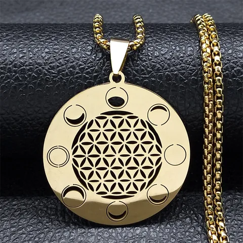 Collier Mandala Fleur De Vie En Acier Inoxydable Phases De La Lune Géométrie Sacrée Pendentif Ajouré Chaîne Box Pour Hommes Femmes Bijoux Spirituels