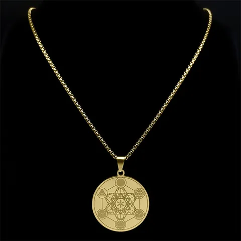 Metatron's Cube Sacred Geometry Necklace Stainless Steel Flower Of Life Pendant Round Disc Box Chain Vintage Unisex Spiritual Jewelry