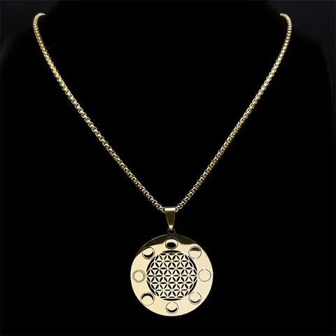 Collier Mandala Fleur De Vie En Acier Inoxydable Phases De La Lune Géométrie Sacrée Pendentif Ajouré Chaîne Box Pour Hommes Femmes Bijoux Spirituels