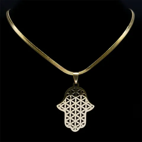 Collier Pendentif Main De Fatma En Acier Inoxydable Vintage Pour Femme Fleur De Vie Géométrie Sacrée Mailles Serpent Bijoux Ethniques