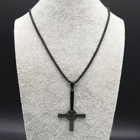 Gothic Inverted Cross Pentagram Stainless Steel Pendant Necklace For Men Women Box Chain Punk Jewelry Black Gold Silver