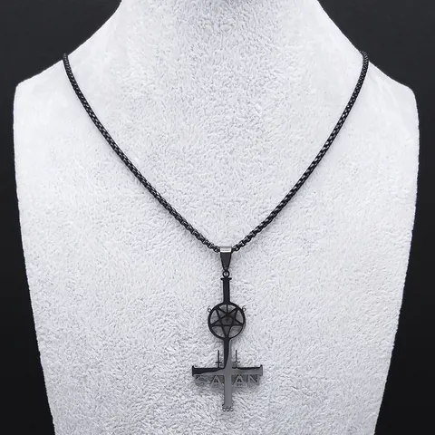 Gothic Inverted Cross Pendant Necklace Stainless Steel Pentagram Satan 666 Hidden Star Box Chain Jewelry For Men Women