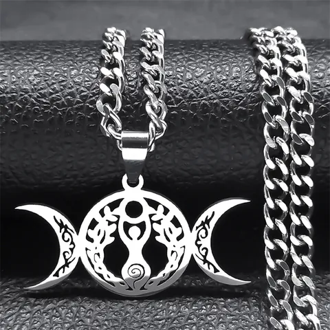 Stainless Steel Triple Moon Goddess Pendant Necklace Celtic Knot Tree Of Life Wiccan Pagan Jewelry For Men Women Silver Gold