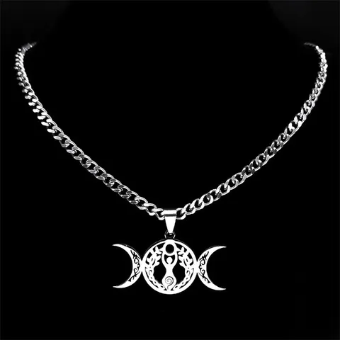 Stainless Steel Triple Moon Goddess Pendant Necklace Celtic Knot Tree Of Life Wiccan Pagan Jewelry For Men Women Silver Gold