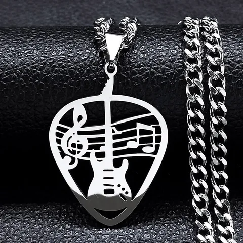 Punk Rock Stainless Steel Guitar Pick Pendant Necklace Music Note Hollow Out Hiphop Jewelry For Men Women Silver Color