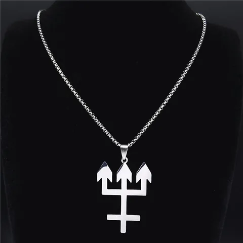 Hip Hop Stainless Steel Trident Inverted Cross Pendant Necklace For Men Gothic Punk Box Chain Jewelry Gift