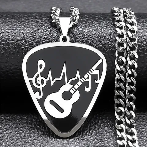 Stainless Steel Guitar Pick Pendant Necklace Treble Clef Heartbeat Line Music Theme Curb Chain Jewelry For Men Women Gift