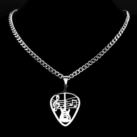 Punk Rock Stainless Steel Guitar Pick Pendant Necklace Music Note Hollow Out Hiphop Jewelry For Men Women Silver Color