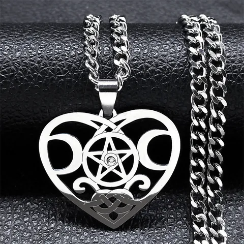 Gothic Edelstahl Dreifachmond Pentagramm Herz Anhänger Halskette Mit Zirkonia Wicca Göttin Schmuck Für Herren Damen