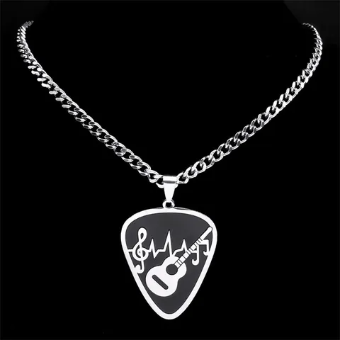 Stainless Steel Guitar Pick Pendant Necklace Treble Clef Heartbeat Line Music Theme Curb Chain Jewelry For Men Women Gift