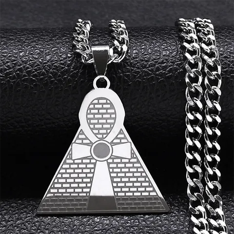 Egyptian Ankh Cross Pendant Necklace Stainless Steel Pyramid Geometric Cuban Link Chain Punk Hip Hop Jewelry Gift For Men Women