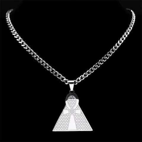 Egyptian Ankh Cross Pendant Necklace Stainless Steel Pyramid Geometric Cuban Link Chain Punk Hip Hop Jewelry Gift For Men Women