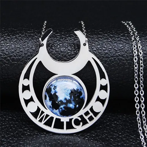 Gothic Stainless Steel Witch Moon Pendant Necklace For Women Men Mysterious Pagan Jewelry Triple Moon Phase Accessories