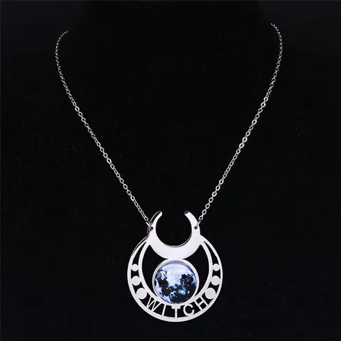 Gothic Stainless Steel Witch Moon Pendant Necklace For Women Men Mysterious Pagan Jewelry Triple Moon Phase Accessories