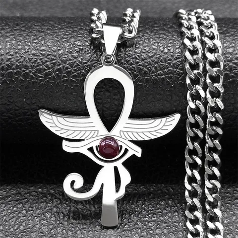 Ancien Collier Pendentif Égyptien Œil D'Horus Croix Ankh Aile Pour Hommes Femmes Acier Inoxydable Verre Rouge Bijoux