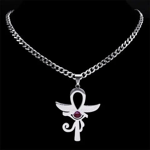 Ancien Collier Pendentif Égyptien Œil D'Horus Croix Ankh Aile Pour Hommes Femmes Acier Inoxydable Verre Rouge Bijoux