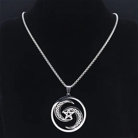Gothische Edelstahl Keltischer Mond Pentagramm Anhänger Halskette Für Damen Geheimnisvoller Wicca Schmuck Silber Box Kette Geschenk