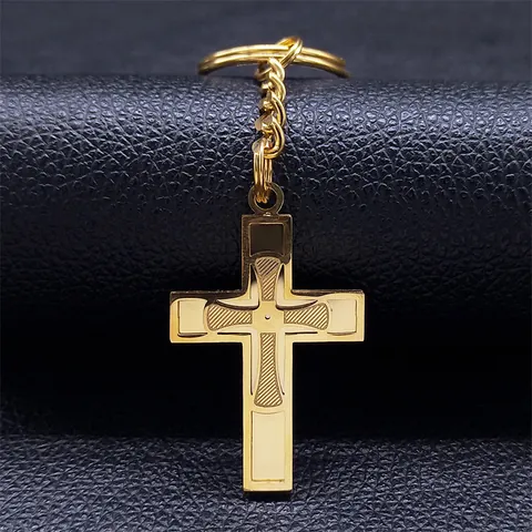 Modern Stainless Steel Cross Keychain Geometric Engraved Pattern Key Ring Religious Jewelry Accessory For Men Women Home Car Gift