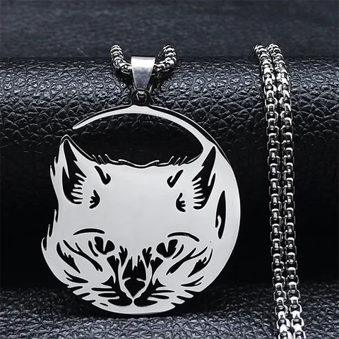 Stainless Steel Hollow Cat Face Pendant Necklace Simple Animal Kitten Pet Jewelry For Men Women Box Chain Necklaces