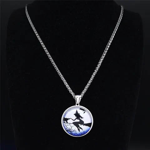 Stainless Steel Witch On Broom With Cat Moon Glass Pendant Necklace Halloween Gothic Jewelry Gift For Women Men