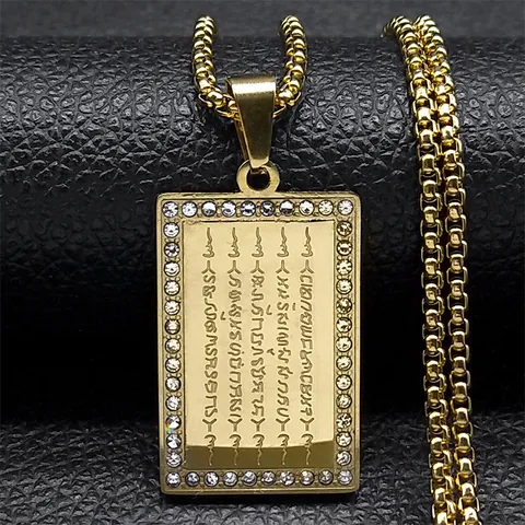 Stainless Steel Thai Buddhist Amulet Five Lines Scripture Rectangular Pendant Necklace With Box Chain Rhinestone Jewelry