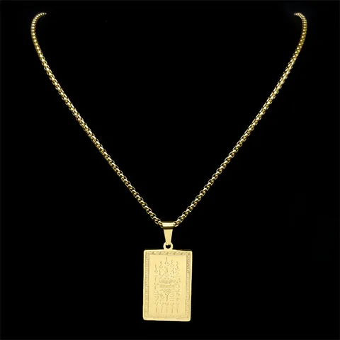 Vintage Stainless Steel Thai Amulet Pendant Necklace Gold Plated Lotus And Five Lines Scripture Box Chain Religious Jewelry Unisex