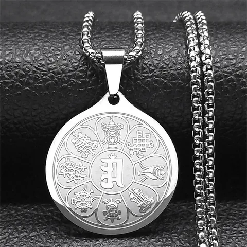 Retro Stainless Steel Buddhist Om Mani Padme Hum Pendant Necklace For Unisex Eight Auspicious Symbols Lotus Religious Jewelry