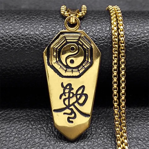 Collier Pendentif Taoïste Vintage en Acier Inoxydable Bagua Tai Chi Yin Yang Culture Chinoise Talisman Plaqué Or Chaîne Boîte Bijoux Unisexe