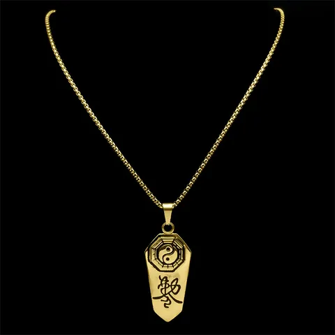 Collier Pendentif Taoïste Vintage en Acier Inoxydable Bagua Tai Chi Yin Yang Culture Chinoise Talisman Plaqué Or Chaîne Boîte Bijoux Unisexe