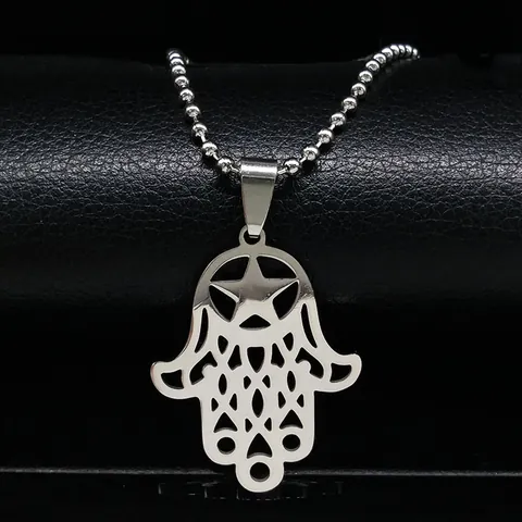 Collier Pendentif Main de Fatima Pentagramme Mauvais Œil en Acier Inoxydable Vintage Bijoux Ethniques Amulette Porte-Bonheur Chaîne à Billes pour Hommes Femmes