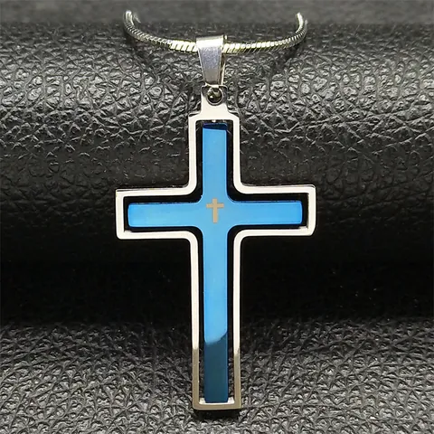 Rotierende Edelstahl Kruzifix Kreuz Anhänger Halskette Silber Blau Mehrlagig Religiöser Schmuck Für Damen Herren Geschenk