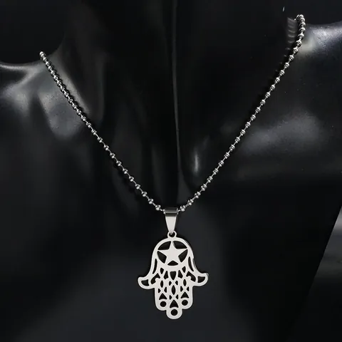 Collier Pendentif Main de Fatima Pentagramme Mauvais Œil en Acier Inoxydable Vintage Bijoux Ethniques Amulette Porte-Bonheur Chaîne à Billes pour Hommes Femmes