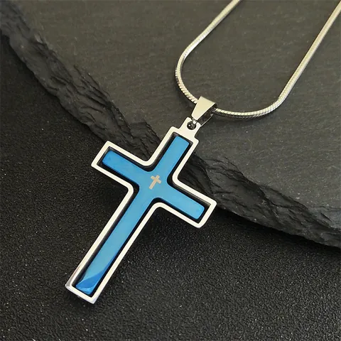 Rotierende Edelstahl Kruzifix Kreuz Anhänger Halskette Silber Blau Mehrlagig Religiöser Schmuck Für Damen Herren Geschenk