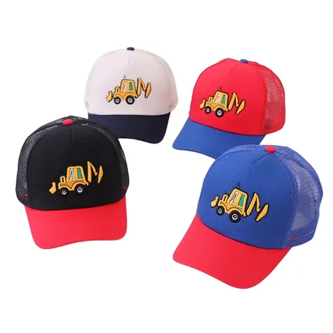 Kids Cartoon Excavator Embroidery Mesh Baseball Cap Breathable Sunscreen Trucker Hat For Boys Girls Toddler Outdoor Sunshade