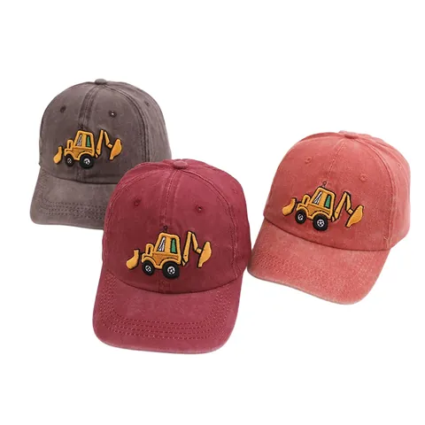 Gorra de Béisbol de Algodón Lavado para Niños Bordado de Excavadora Tractor Sombrero de Sombrilla Vintage Ajustable Casual Snapback Niños Niñas
