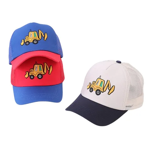 Kids Cartoon Excavator Embroidery Mesh Baseball Cap Breathable Sunscreen Trucker Hat For Boys Girls Toddler Outdoor Sunshade