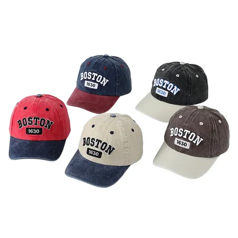 Kids Vintage Washed Cotton Baseball Cap BOSTON Letter Embroidery Contrast Color Sun Hat Adjustable Patchwork Cap For Boys Girls