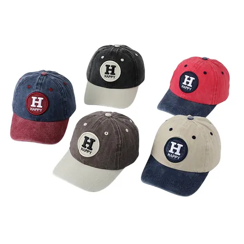 Kids Vintage Washed Cotton Baseball Cap BOSTON Letter Embroidery Contrast Color Sun Hat Adjustable Patchwork Cap For Boys Girls