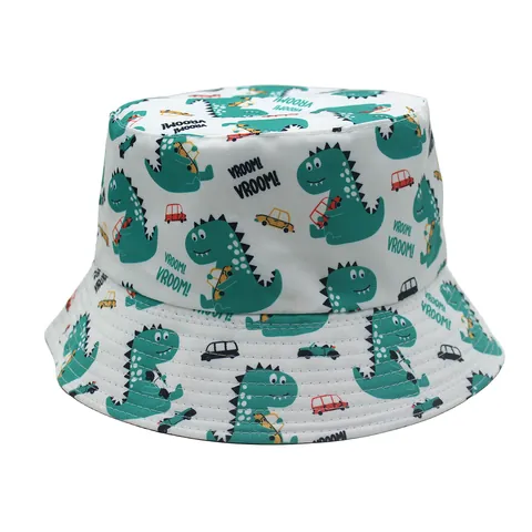 Cappello a Secchiello con Stampa Cartoon Dinosauro Poliestere Protezione Solare Traspirante Tesa Larga per Bambini Ragazzi Ragazze