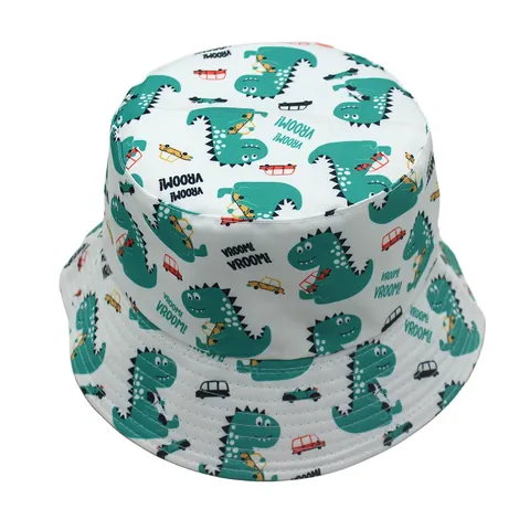 Cappello a Secchiello con Stampa Cartoon Dinosauro Poliestere Protezione Solare Traspirante Tesa Larga per Bambini Ragazzi Ragazze