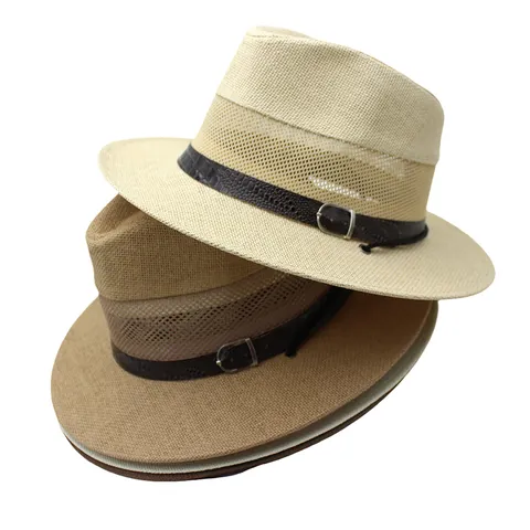 Men's Breathable Paper Straw Fedora Hat Mesh Hollow Sun Protection Summer Beach Panama Hat With Windproof Cord