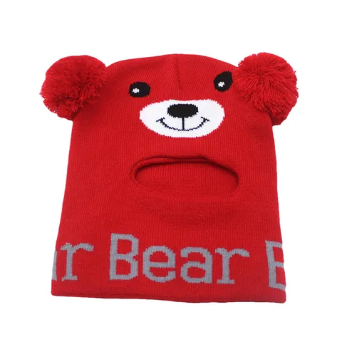 Kids Cartoon Bear Balaclava Knitted Hat Winter Windproof Thermal Neck Warmer Cap For Boys Girls With Double Pom Pom Ears