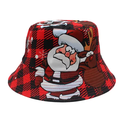 Cappello a Secchiello con Stampa di Babbo Natale e Renna di Natale Unisex Festivo Rosso Nero Plaid Inverno All'aperto Accessori per Feste