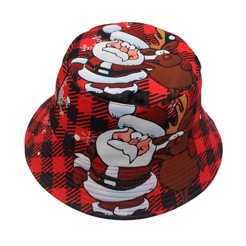 Cappello a Secchiello con Stampa di Babbo Natale e Renna di Natale Unisex Festivo Rosso Nero Plaid Inverno All'aperto Accessori per Feste