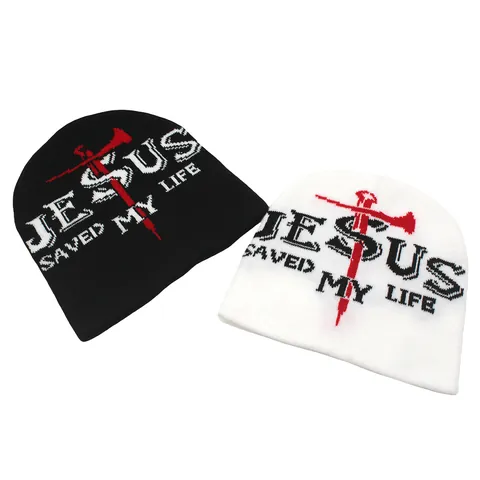 Jesus Saved My Life Knitted Beanie Hat For Men Women Winter Warm Acrylic Jacquard Cross Letter Pattern Brimless Skull Cap Outdoor Everyday Accessory