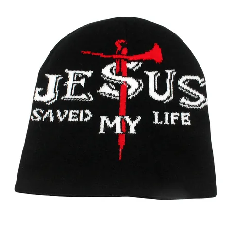 Jesus Saved My Life Knitted Beanie Hat For Men Women Winter Warm Acrylic Jacquard Cross Letter Pattern Brimless Skull Cap Outdoor Everyday Accessory