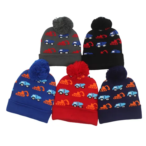 Berretto in Maglia Invernale per Bambini Con Pompon Motivo Cartone Animato Escavatore Veicolo da Cantiere Cappello Caldo in Acrilico