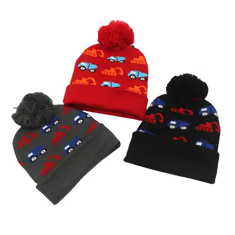 Berretto in Maglia Invernale per Bambini Con Pompon Motivo Cartone Animato Escavatore Veicolo da Cantiere Cappello Caldo in Acrilico