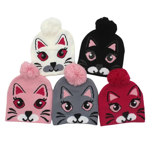 Kids Girls Winter Warm Knit Beanie Hat With Cute Cat Jacquard Pattern And Soft Pom Pom For Toddler Children Daily Outdoor